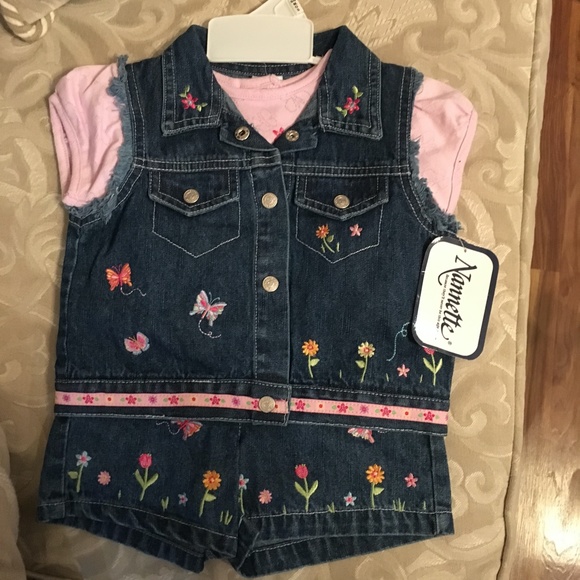 Nannette Girls 3PC Jean Short, Vest, Shirt Embroidered Outfit - 6-9 Months - NWT